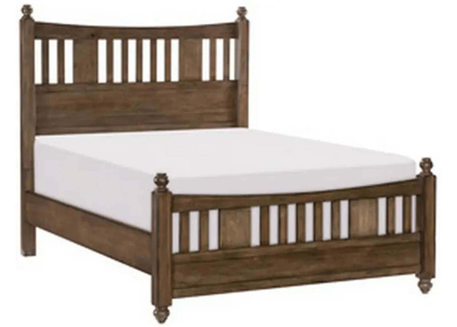 Reva Queen Bed, Finial Topped Posts, Vertical Slats, Light Brown Wood - Benzara