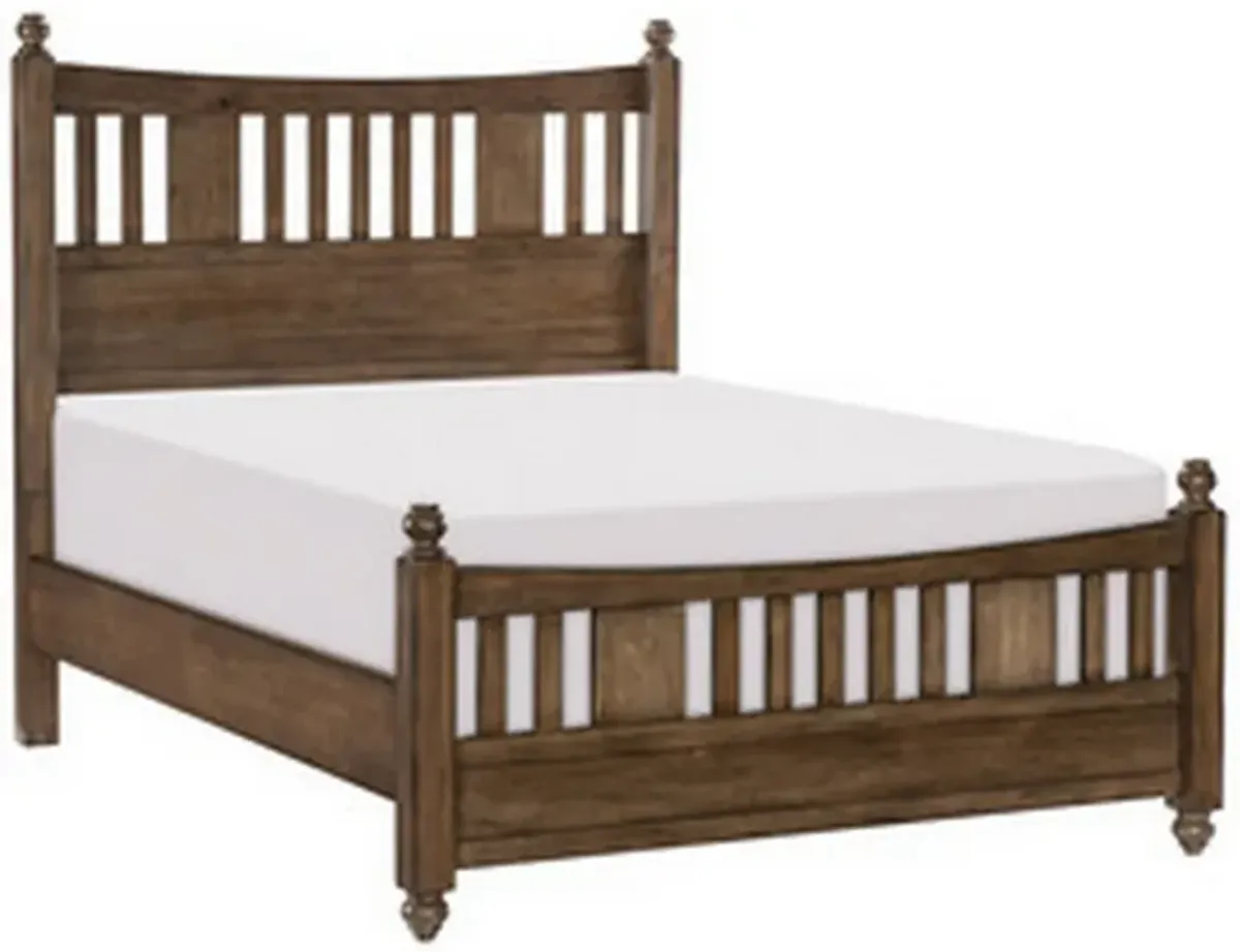 Reva Queen Bed, Finial Topped Posts, Vertical Slats, Light Brown Wood - Benzara