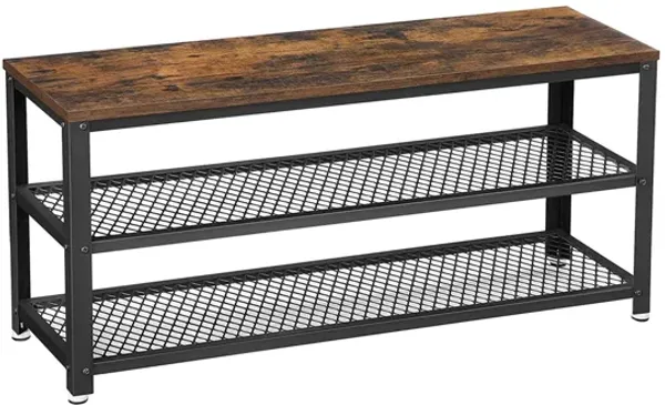 Jex 39 Inch Storage Bench Shoe Rack, Mesh Shelves, Black Steel, Brown Wood - Benzara