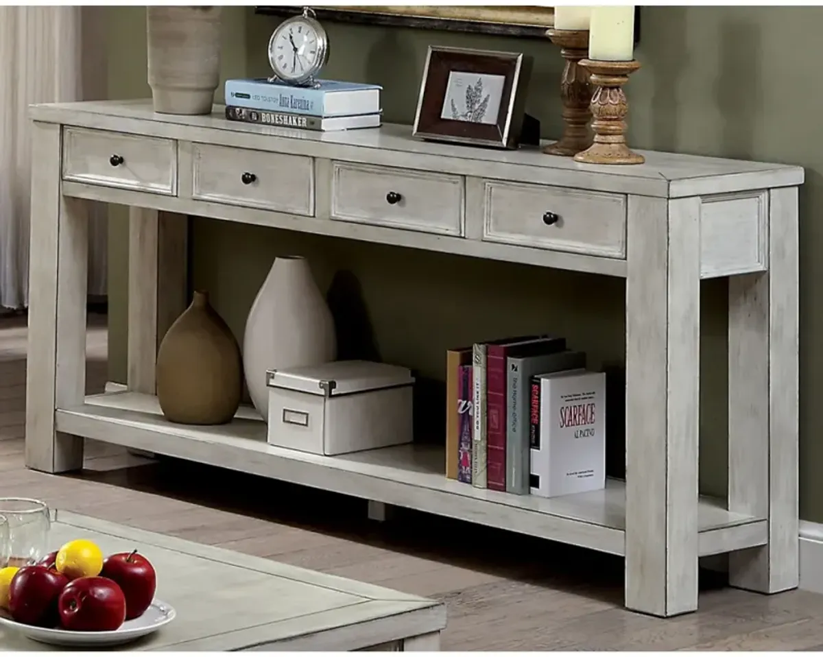 White Rustic Solid Wood Sofa Table with Open Shelf Storage