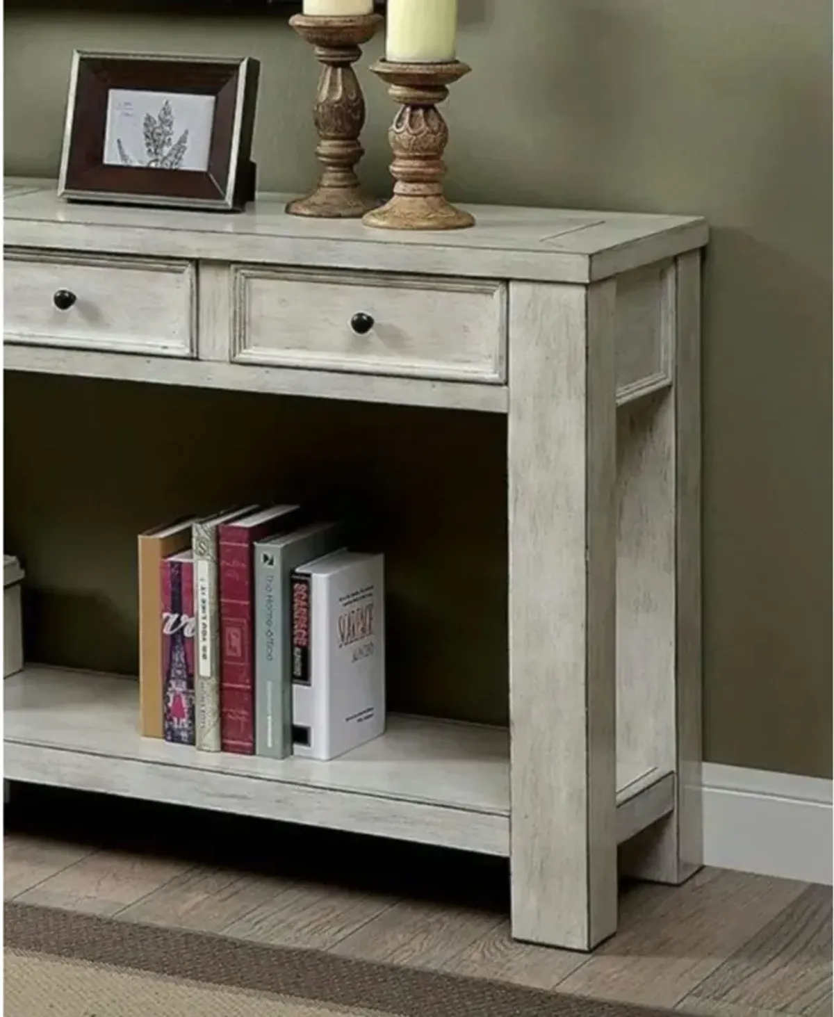 White Rustic Solid Wood Sofa Table with Open Shelf Storage