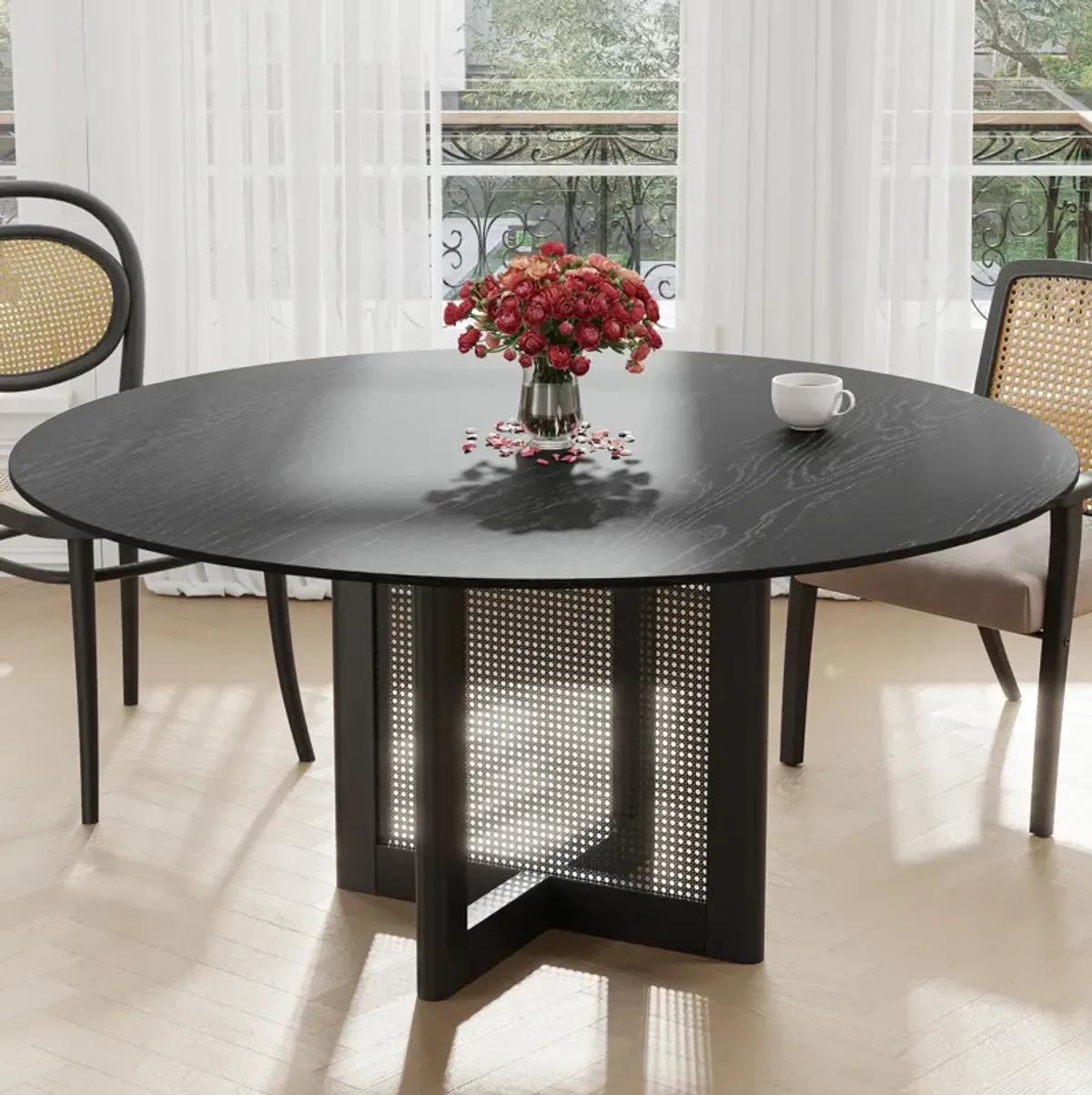 60 Cinna Modern Black Oak Wood Round Dining Table （Seats 8）