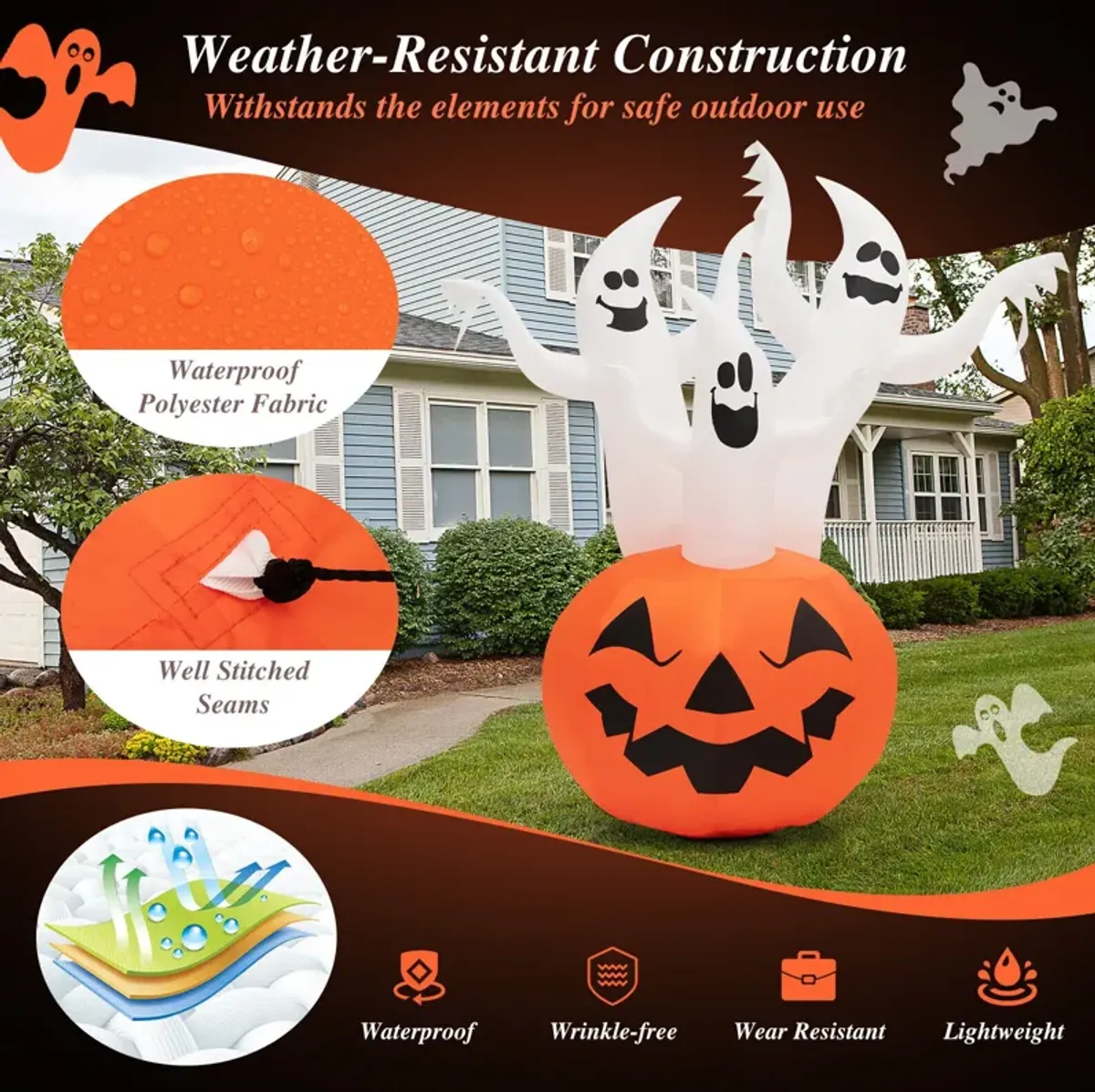 6 Feet Inflatable Halloween Ghosts with Pumpkin Decor and Rotating Lamp