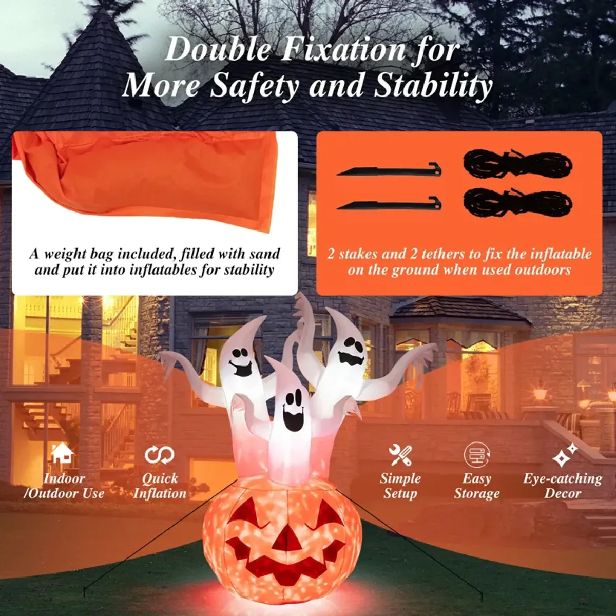 6 Feet Inflatable Halloween Ghosts with Pumpkin Decor and Rotating Lamp