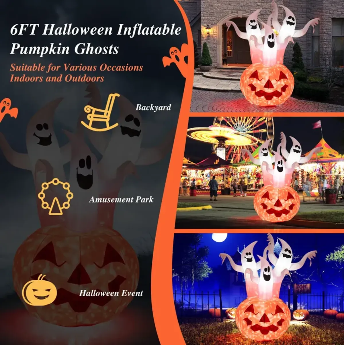 6 Feet Inflatable Halloween Ghosts with Pumpkin Decor and Rotating Lamp