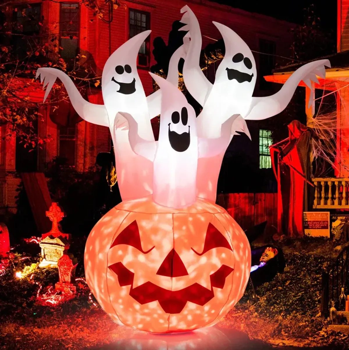 6 Feet Inflatable Halloween Ghosts with Pumpkin Decor and Rotating Lamp