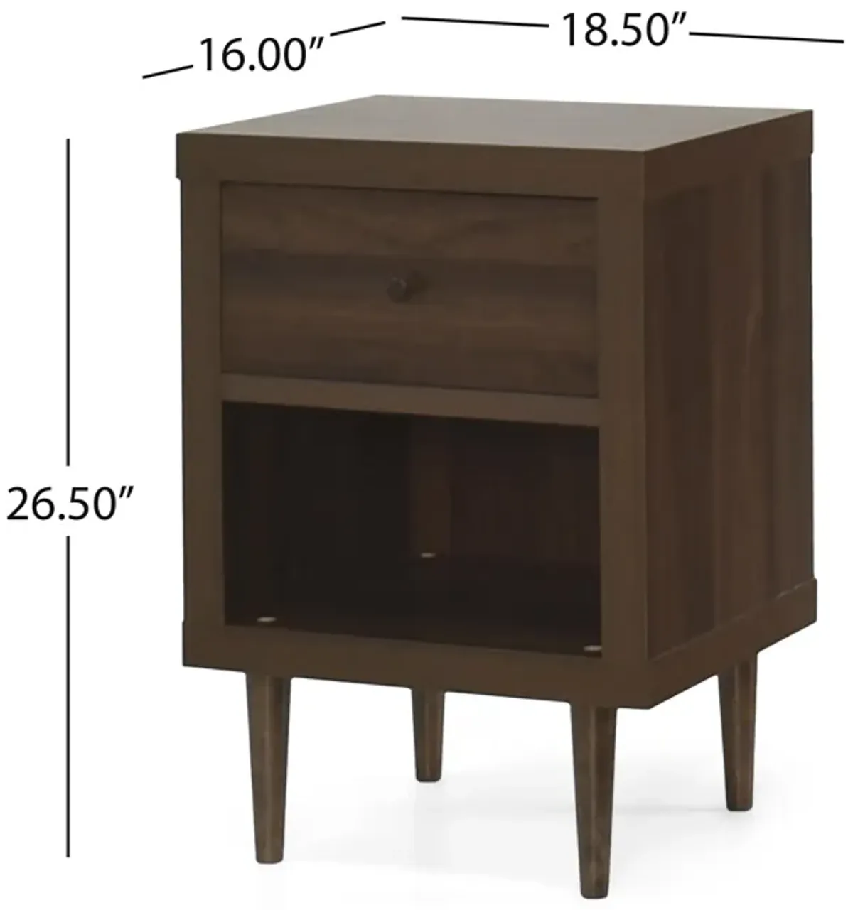 Minie Nightstand with 1 Drawer, Shelf, Rubberwood Legs, Walnut Brown - Benzara