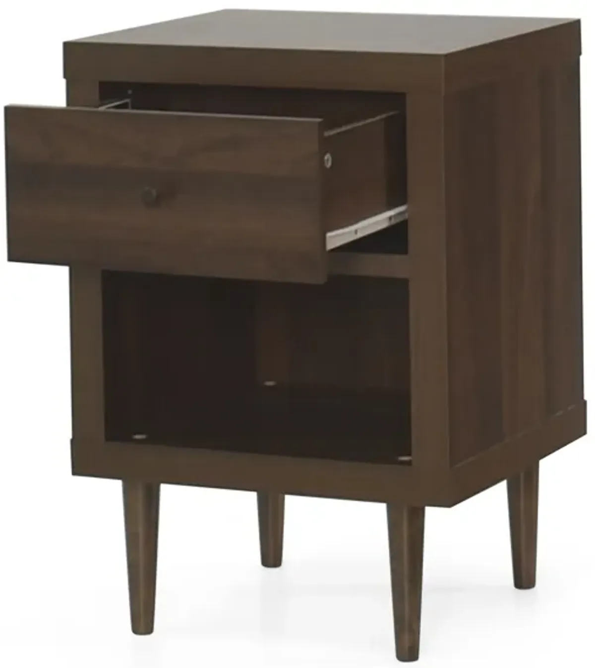 Minie Nightstand with 1 Drawer, Shelf, Rubberwood Legs, Walnut Brown - Benzara