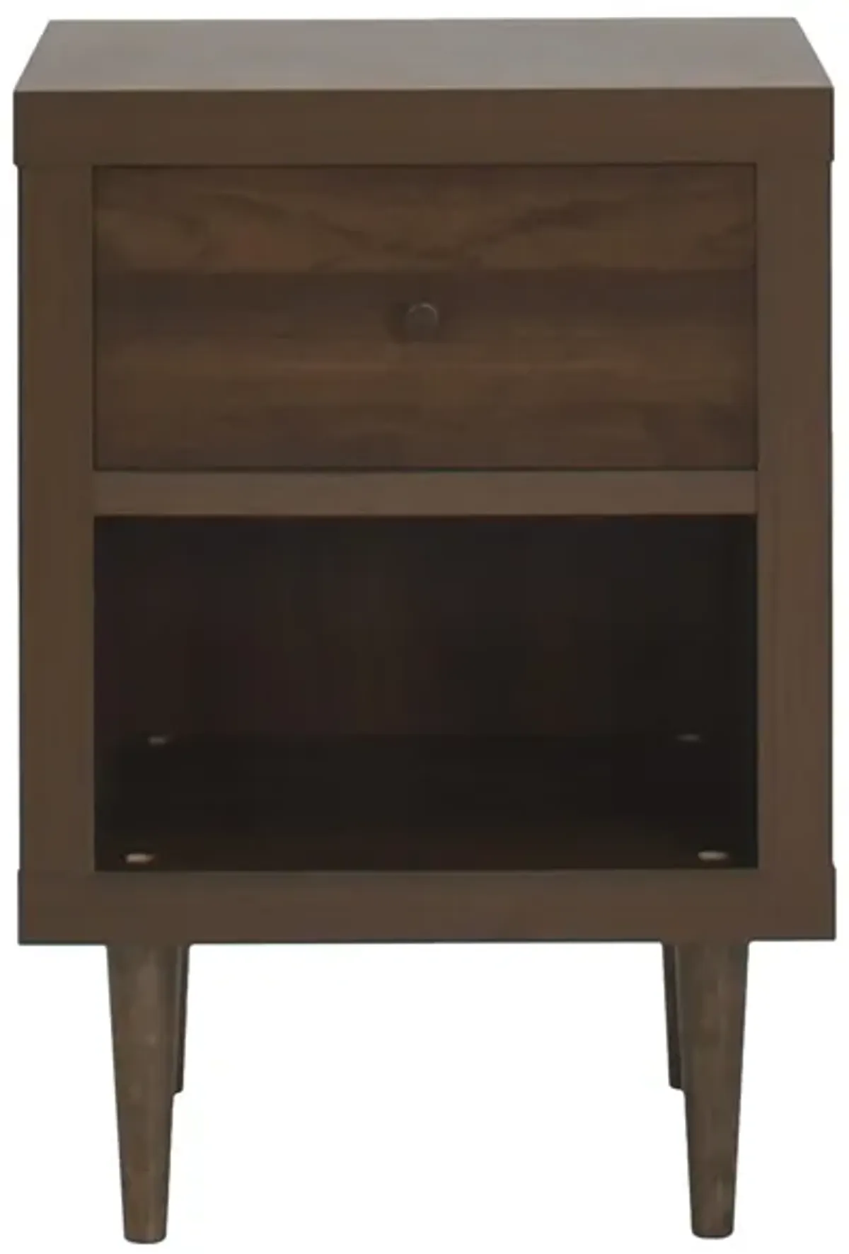 Minie Nightstand with 1 Drawer, Shelf, Rubberwood Legs, Walnut Brown - Benzara