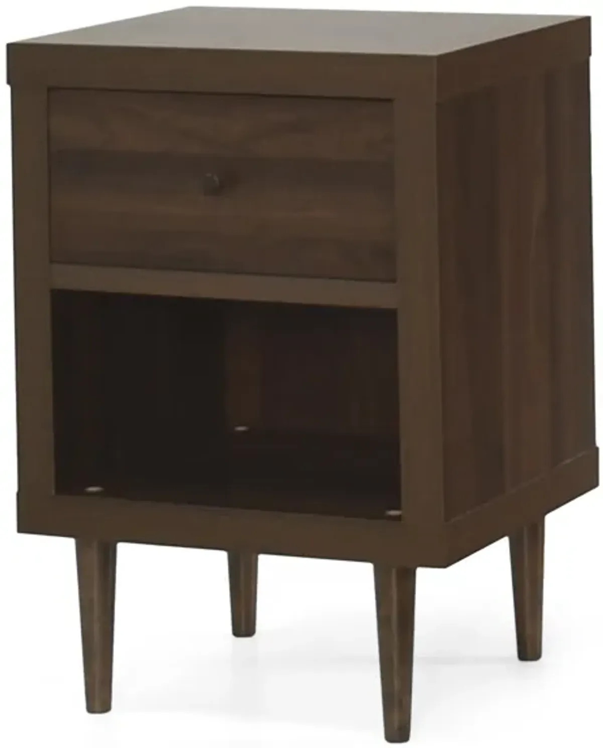 Minie Nightstand with 1 Drawer, Shelf, Rubberwood Legs, Walnut Brown - Benzara