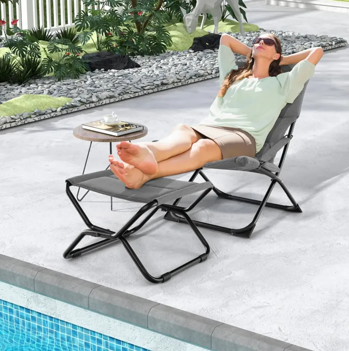 Patio Folding Sling Chair with Ottoman Footrest and Removable Cushion-Grey