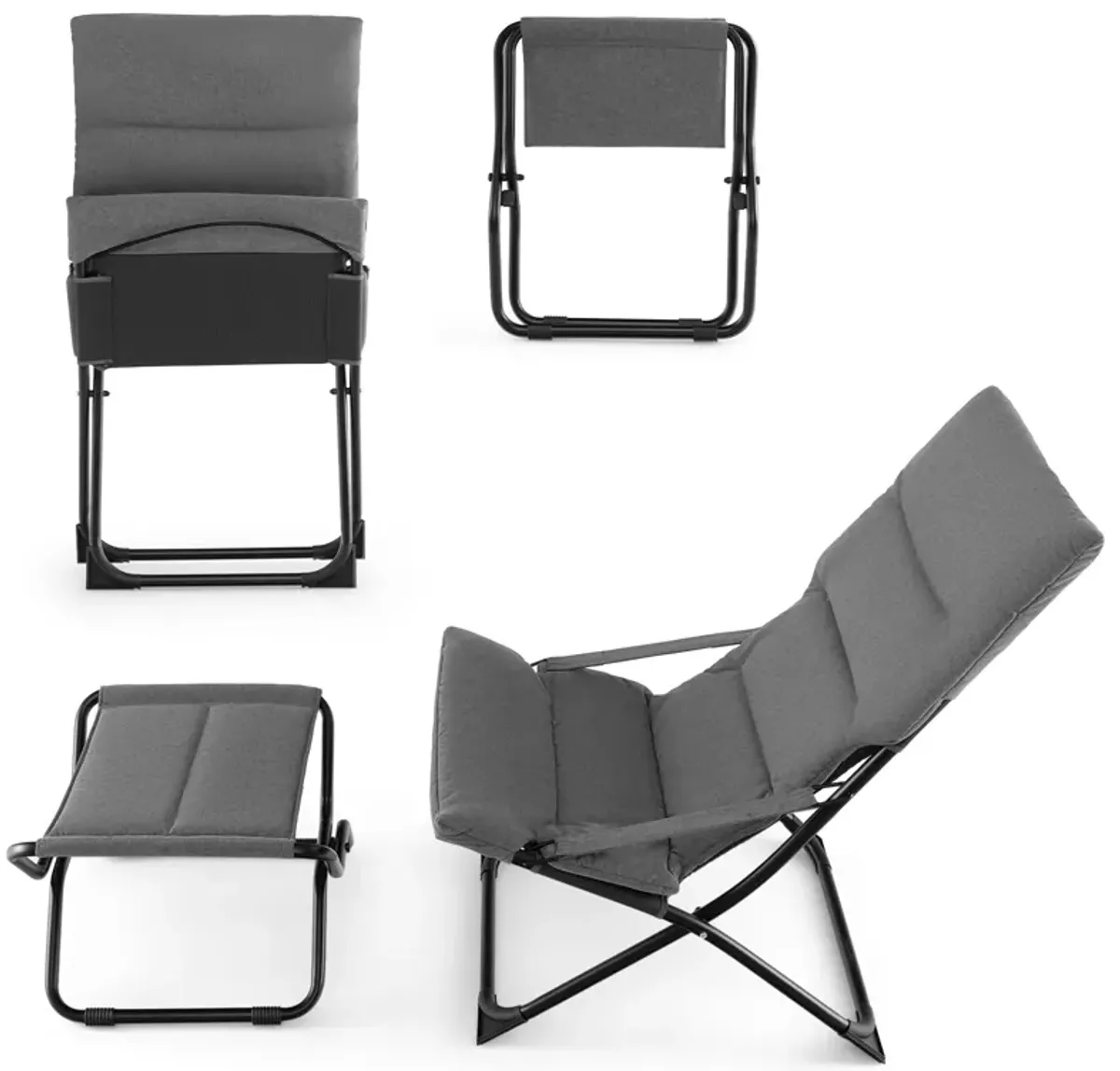 Patio Folding Sling Chair with Ottoman Footrest and Removable Cushion-Grey