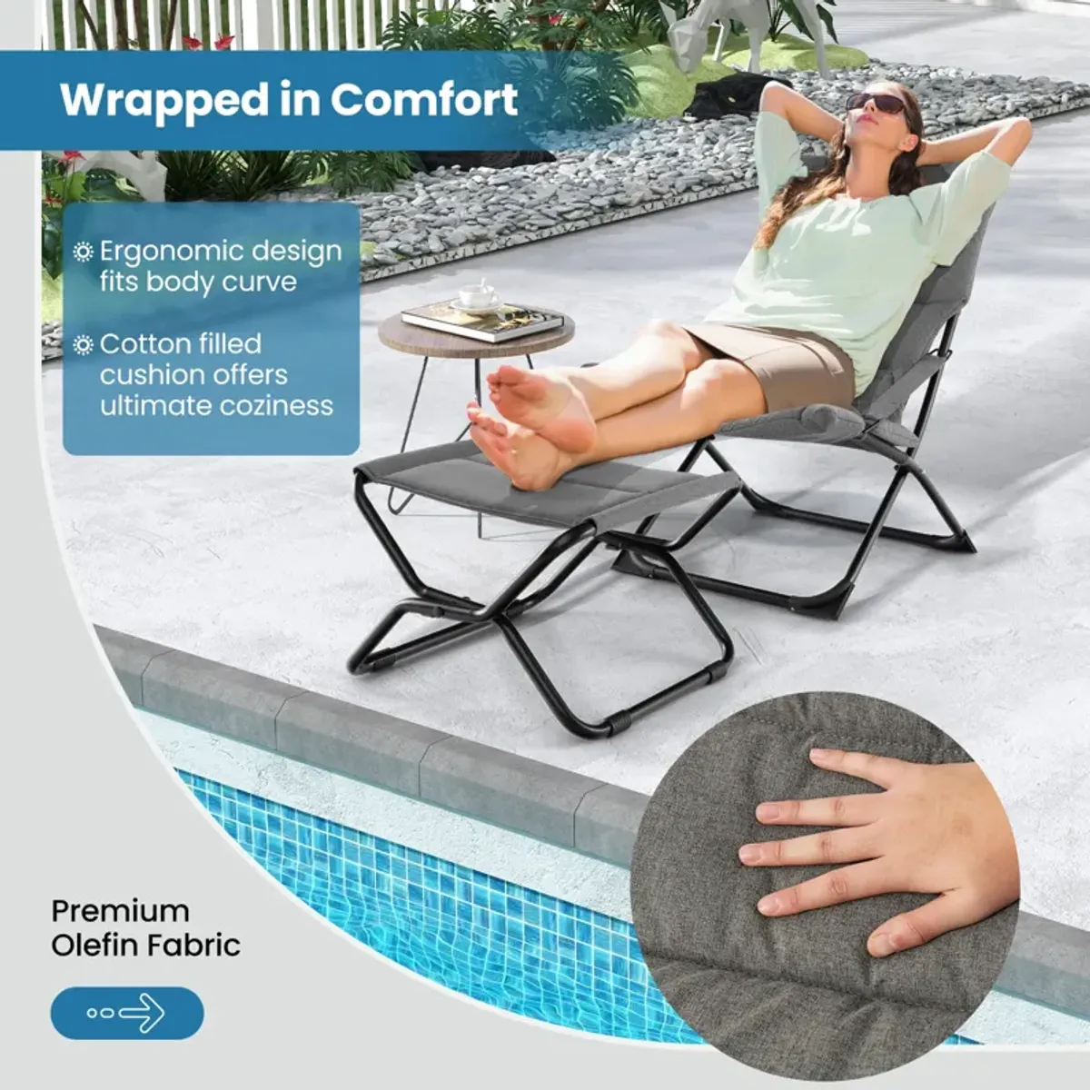 Patio Folding Sling Chair with Ottoman Footrest and Removable Cushion-Grey