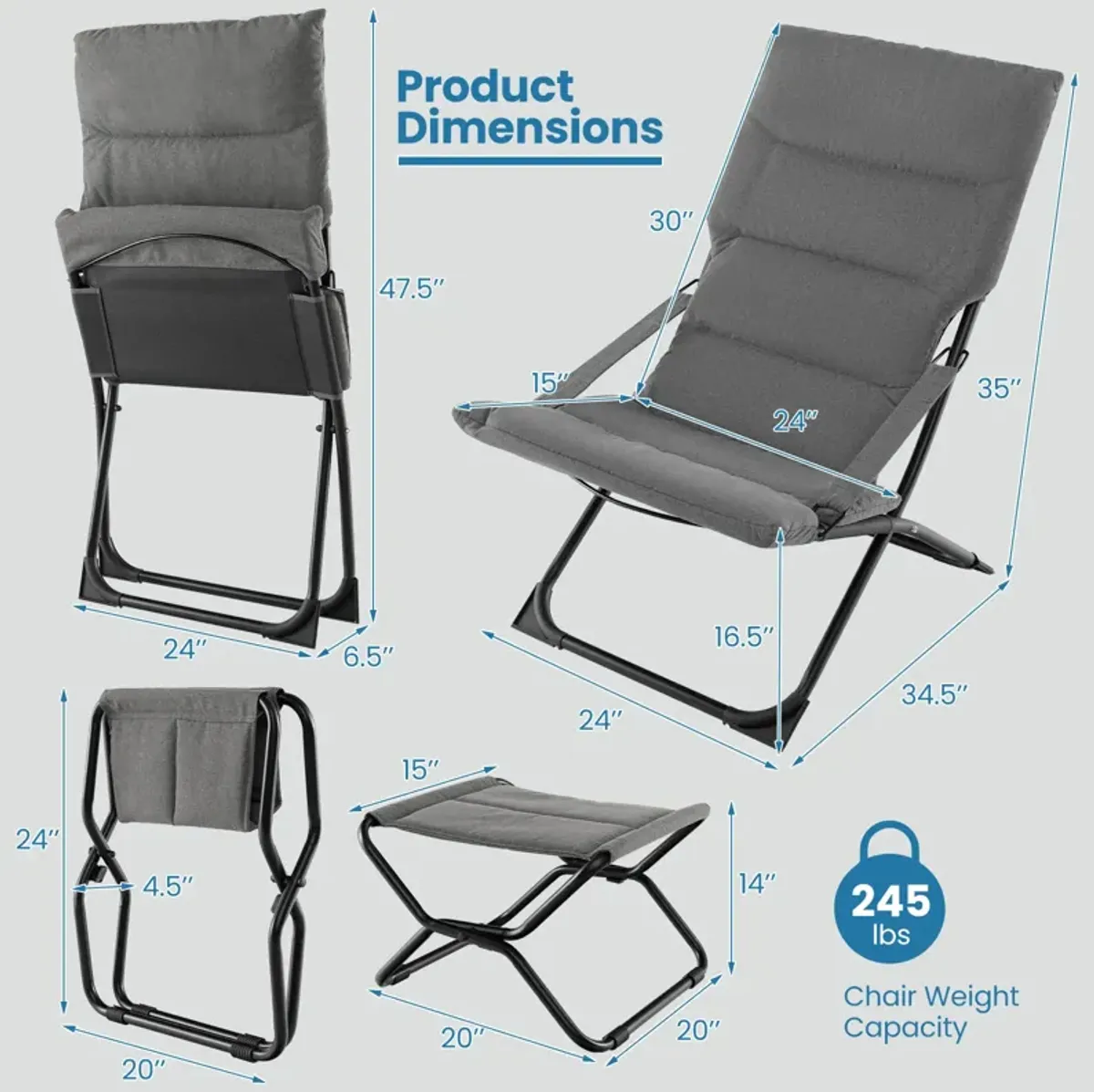 Patio Folding Sling Chair with Ottoman Footrest and Removable Cushion-Grey