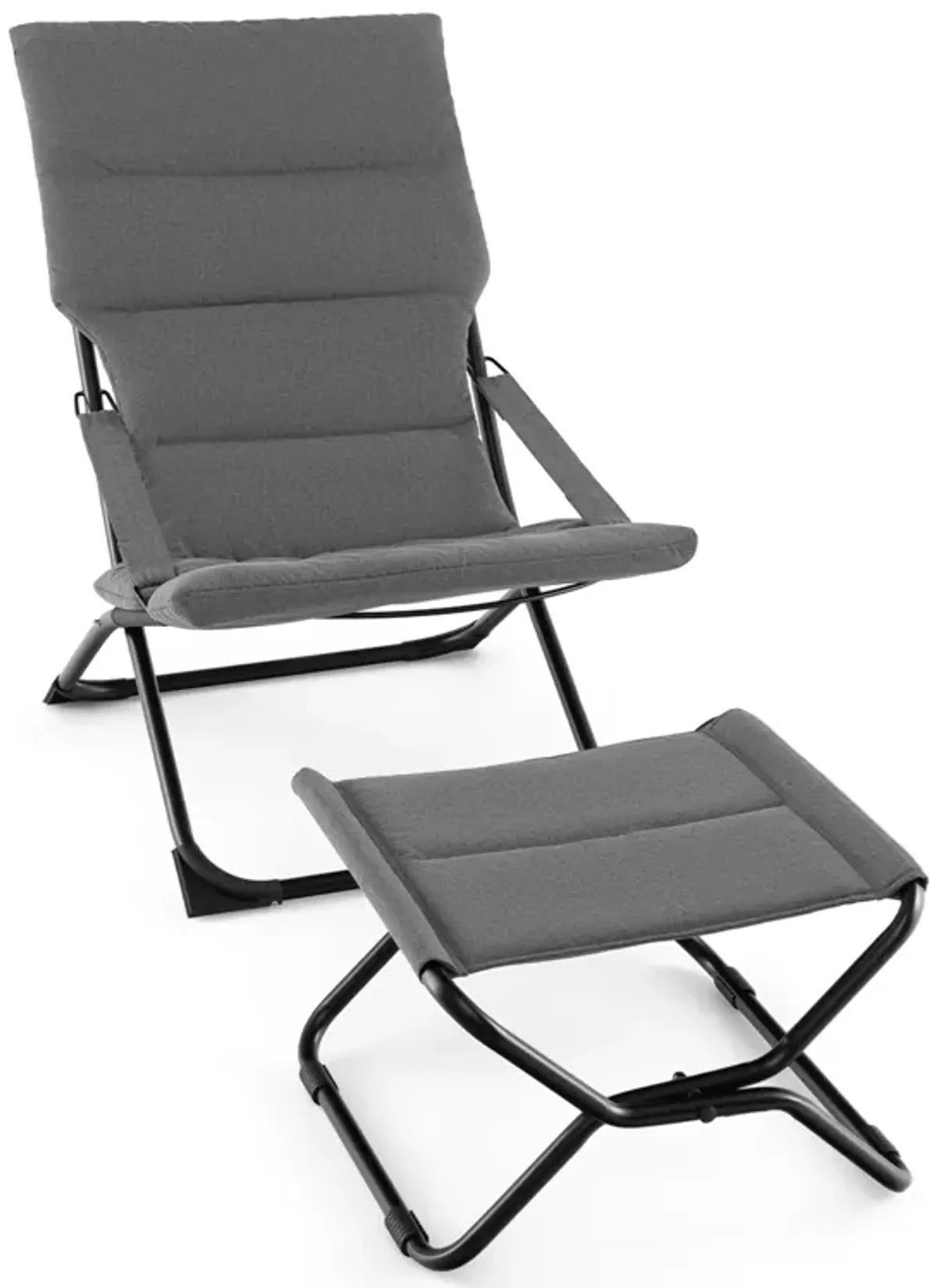 Patio Folding Sling Chair with Ottoman Footrest and Removable Cushion-Grey