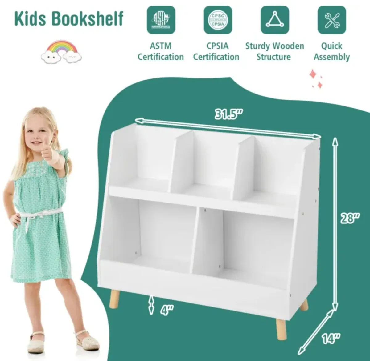 Hivvago 5-Cube Kids Bookshelf and Toy Organizer with Anti-Tipping Kits-White