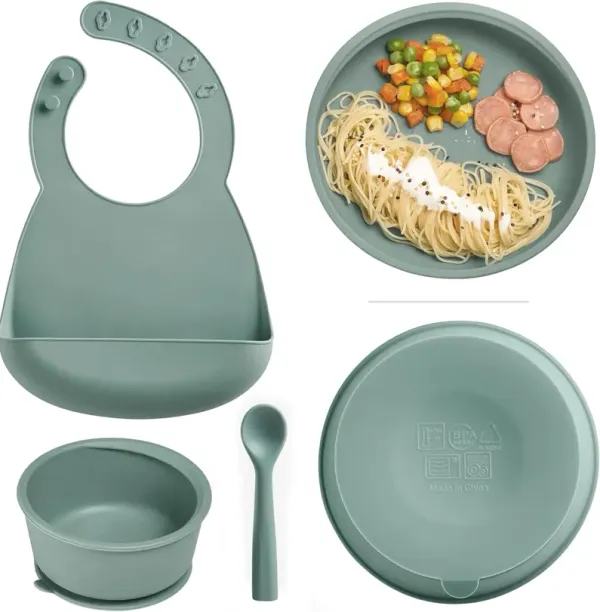 Grey Toddler Plates and Bowls Set with Adjustable Bib