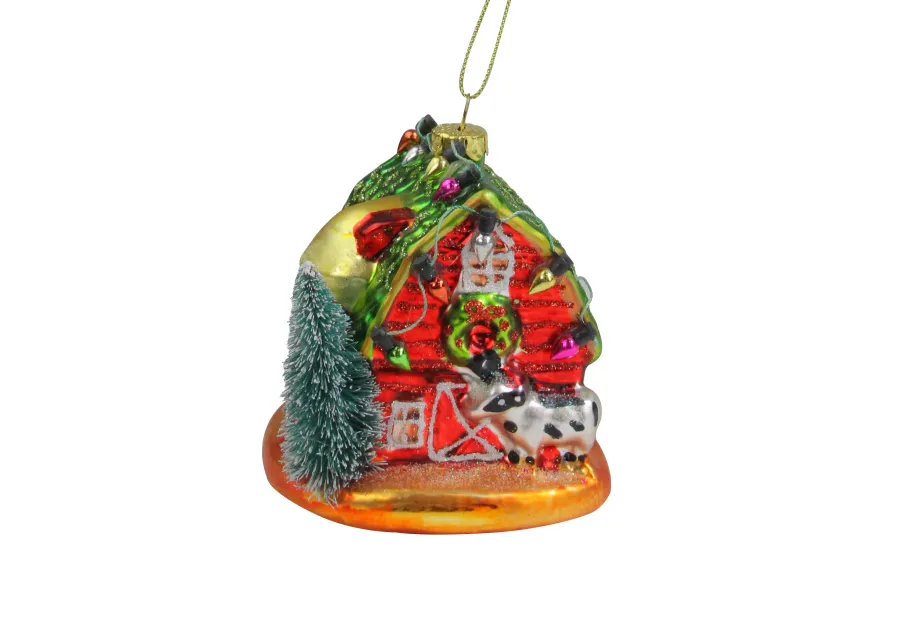 4" Festive Red and Green Barn with Roof Glass Christmas Ornament