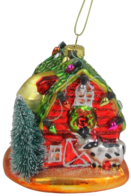 4" Festive Red and Green Barn with Roof Glass Christmas Ornament