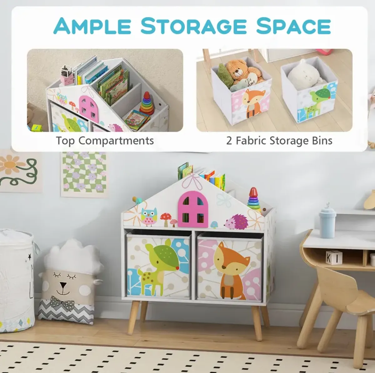 Kids House-shaped Bookshelf with 2 Storage Bins for Kids Room Playroom-White