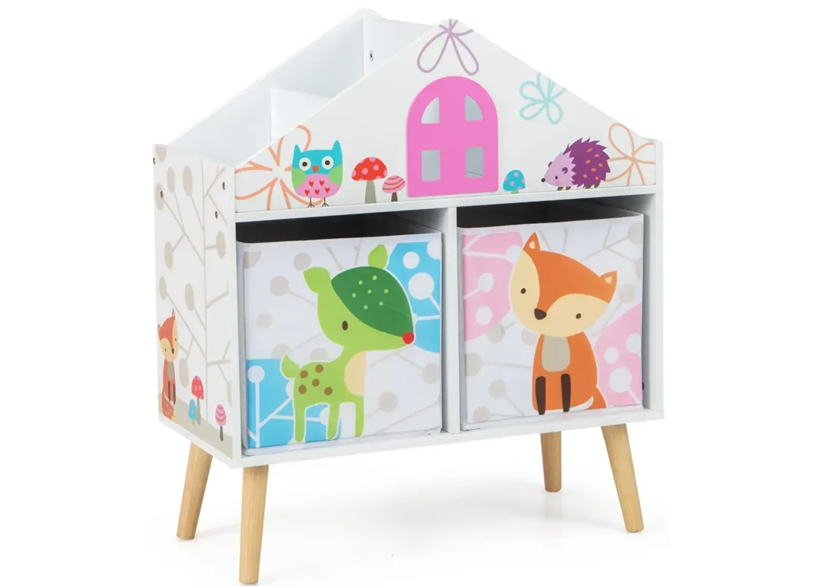 Kids House-shaped Bookshelf with 2 Storage Bins for Kids Room Playroom-White