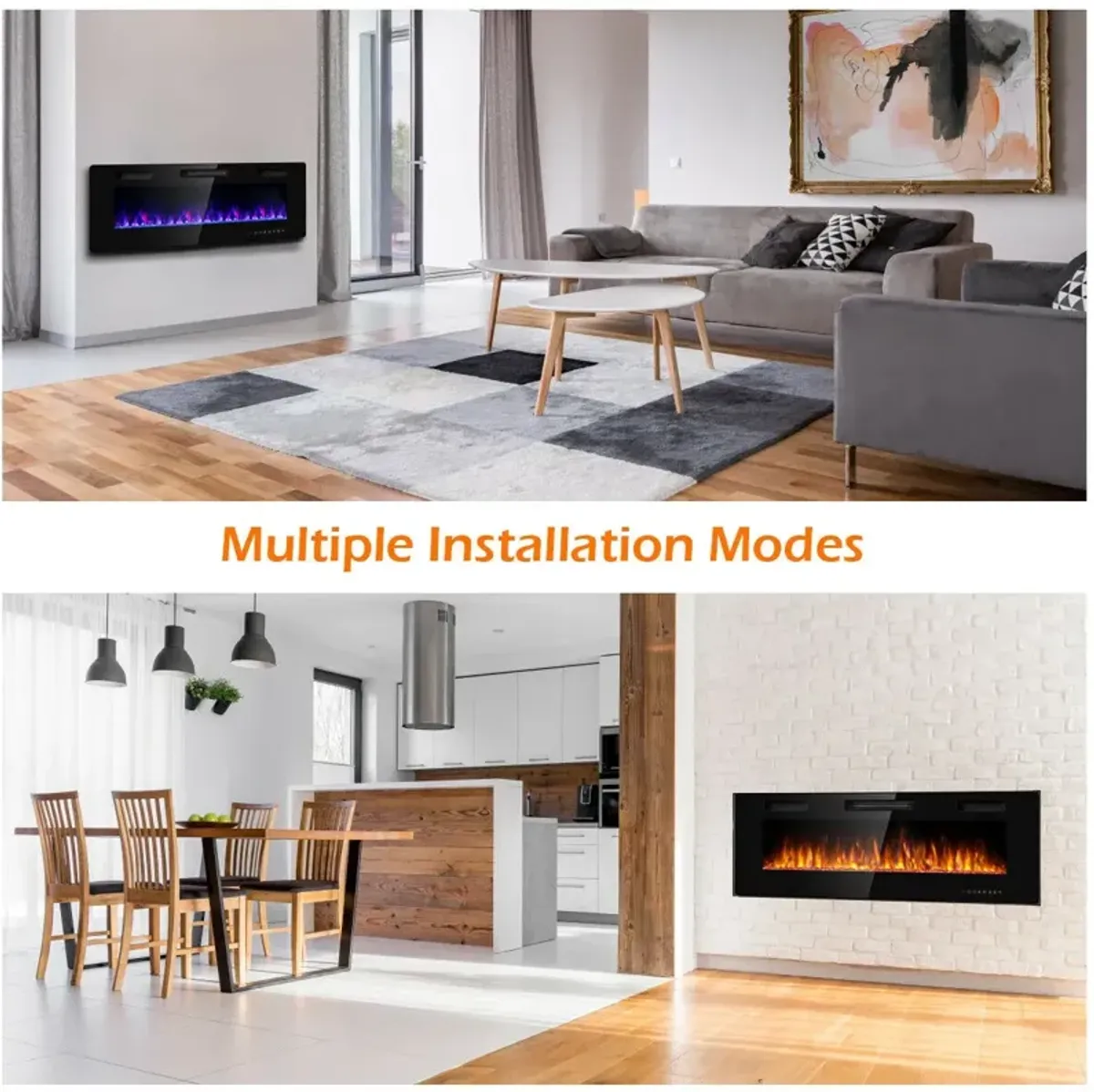 50 Inch Recessed Ultra Thin Electric Fireplace with Timer