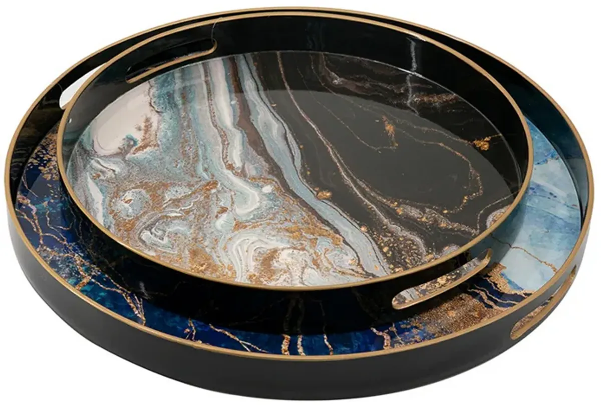 Set of 2 Round Decorative Trays, Tall Rims, Faux Marble, Blue, Gold - Benzara