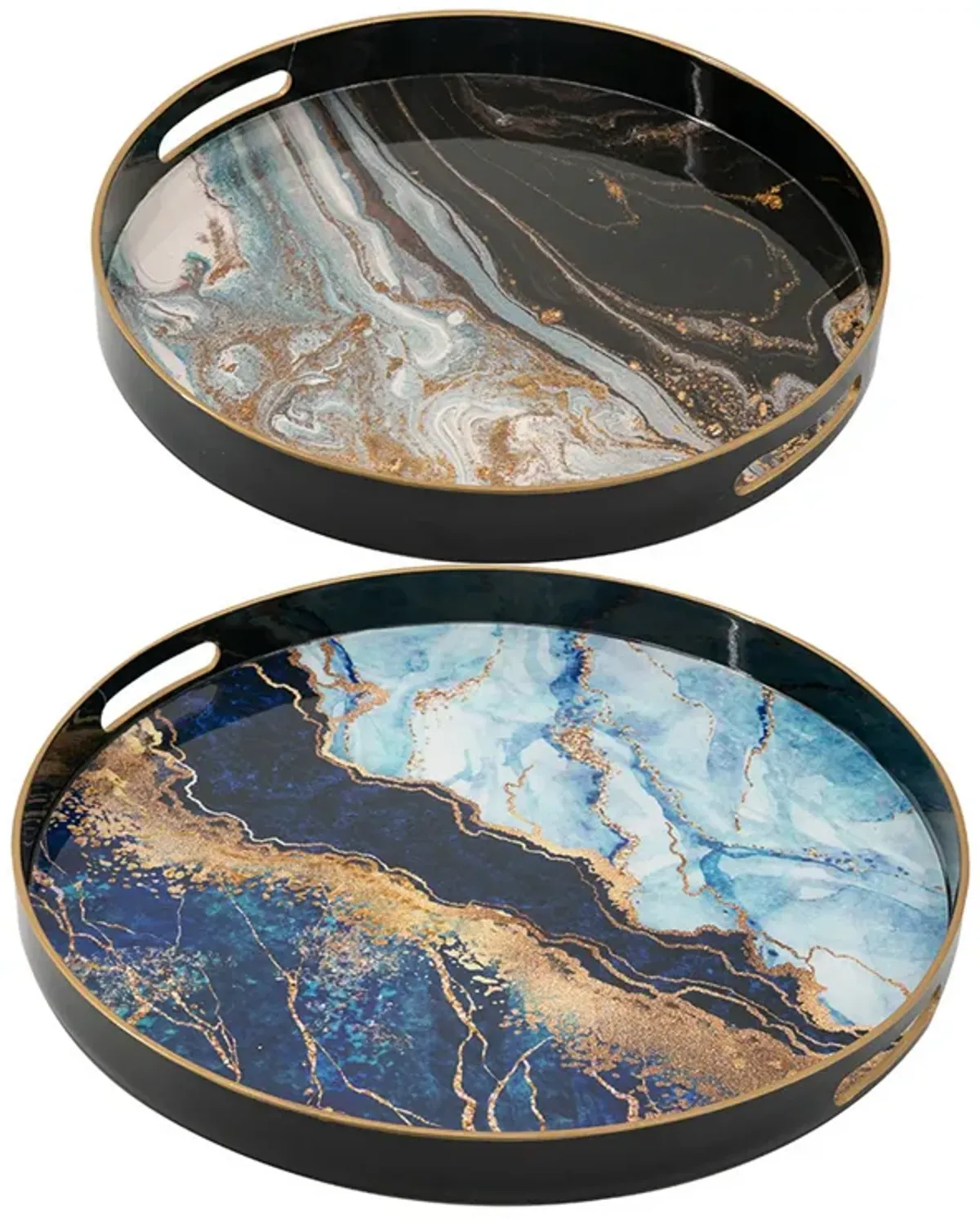 Set of 2 Round Decorative Trays, Tall Rims, Faux Marble, Blue, Gold - Benzara