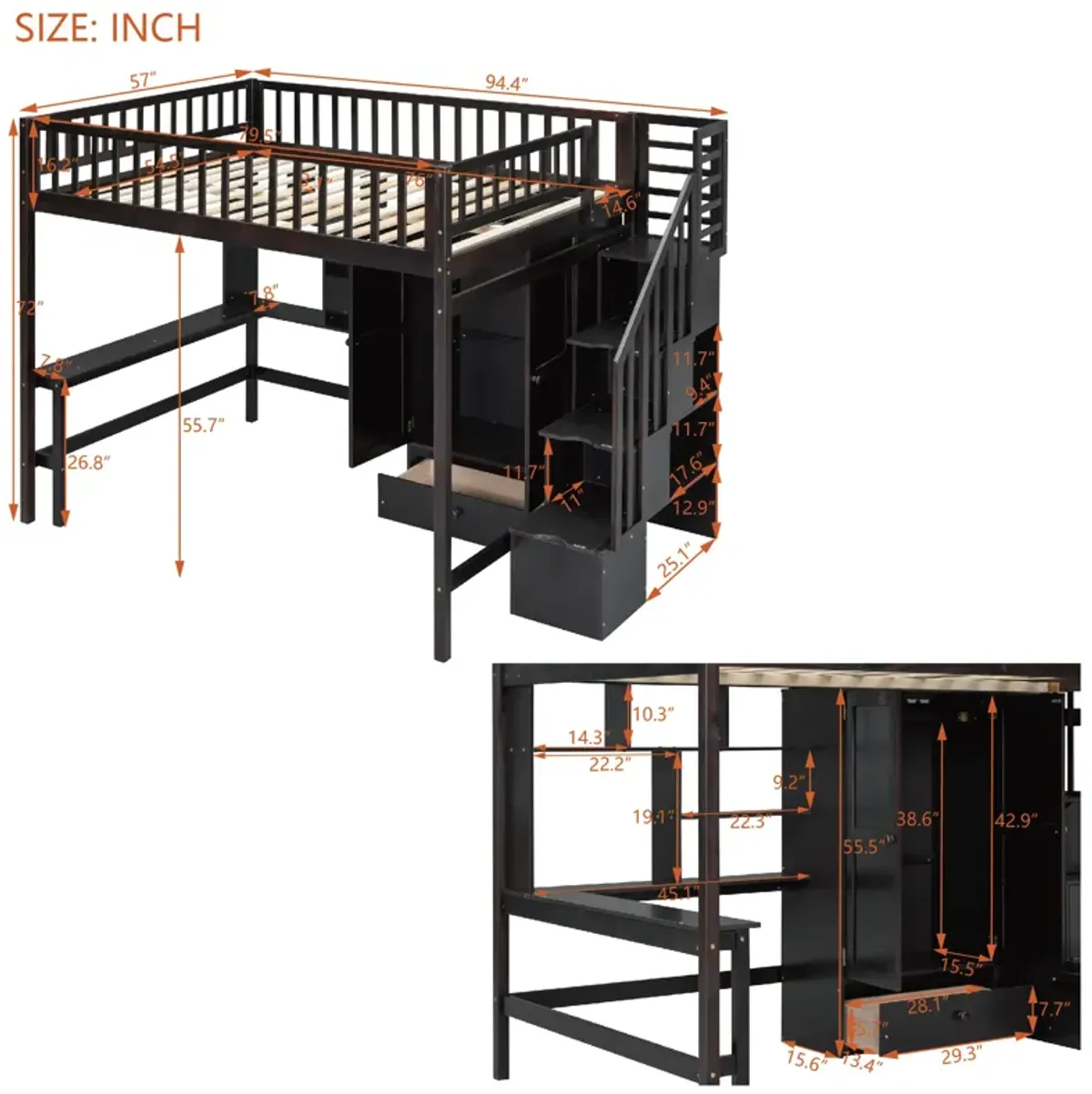 Merax Loft Bed with Desk and Wardrobe