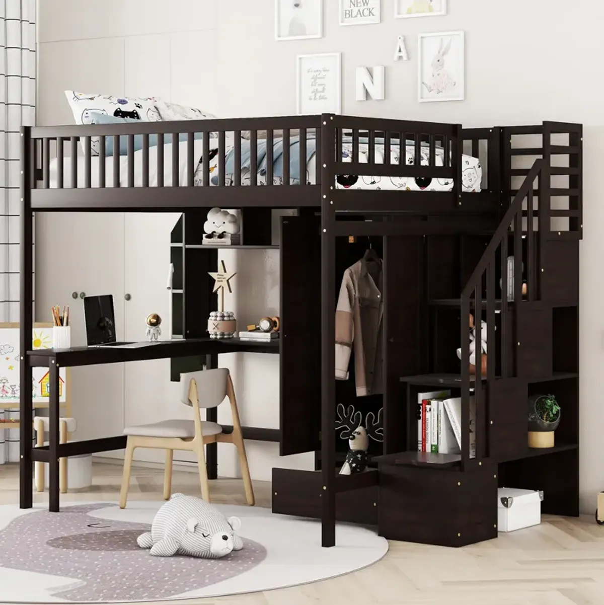 Merax Loft Bed with Desk and Wardrobe