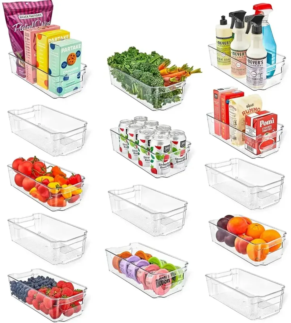 Multi-purpose Refrigerator Bins - 14 pieces Usable and Stackable Design Fridge Bin Organizer with Easy Grip Handles - Clear