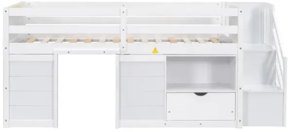 Whisen Solid Wood Twin Size Low Loft Bed With Stair, Drawer And Shelf - White