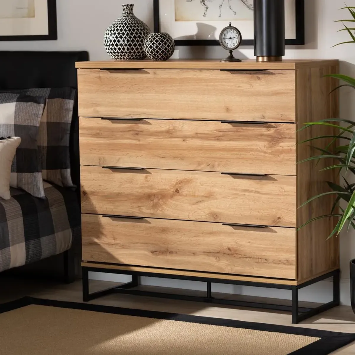 Baxton Studio Industrial Oak Finished Wood and Black Metal 4-Drawer Dresser