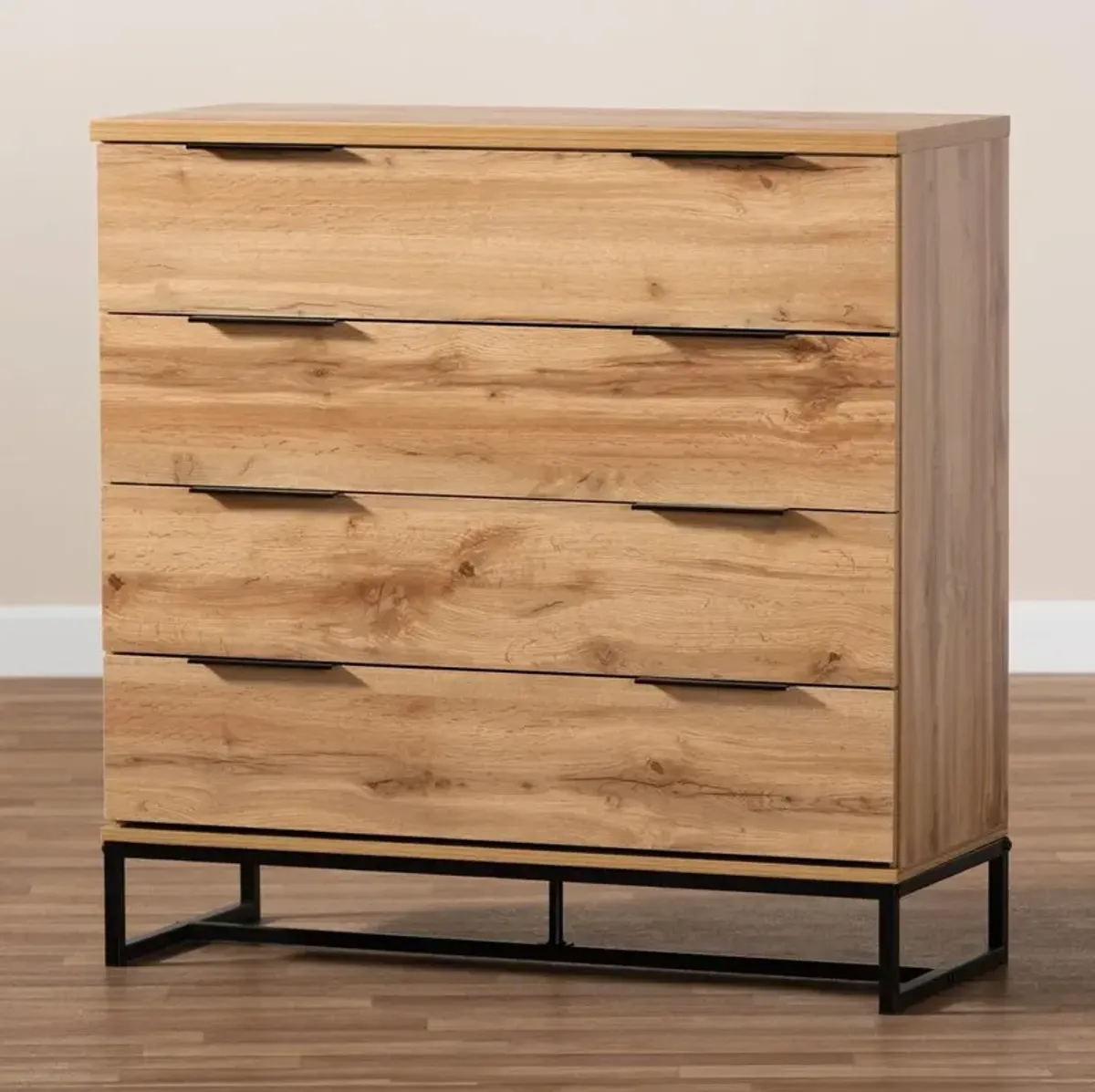 Baxton Studio Industrial Oak Finished Wood and Black Metal 4-Drawer Dresser