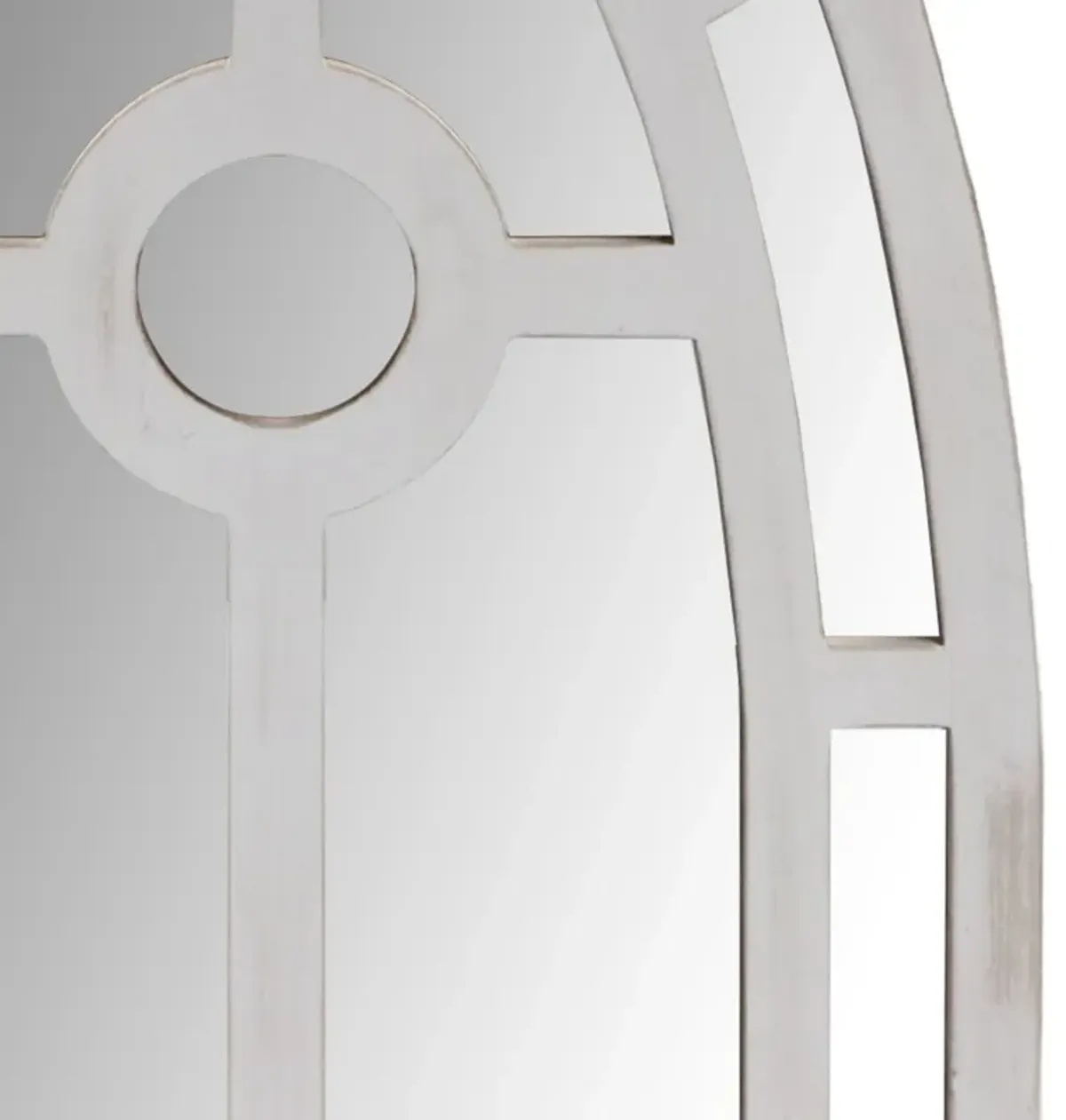 Arched Window Pane Wooden Wall Mirror with Trimmed Details, Silver-Benzara