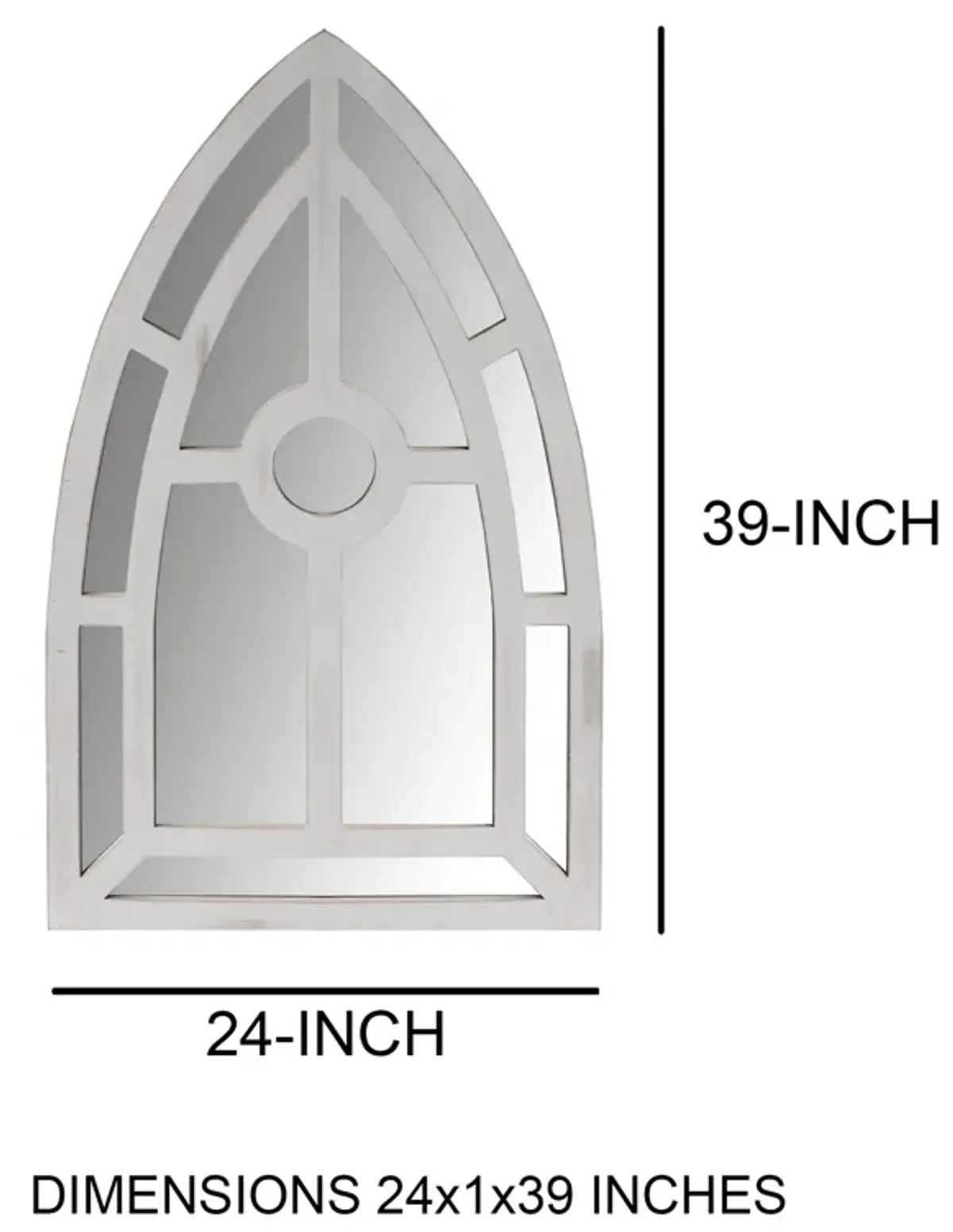 Arched Window Pane Wooden Wall Mirror with Trimmed Details, Silver-Benzara