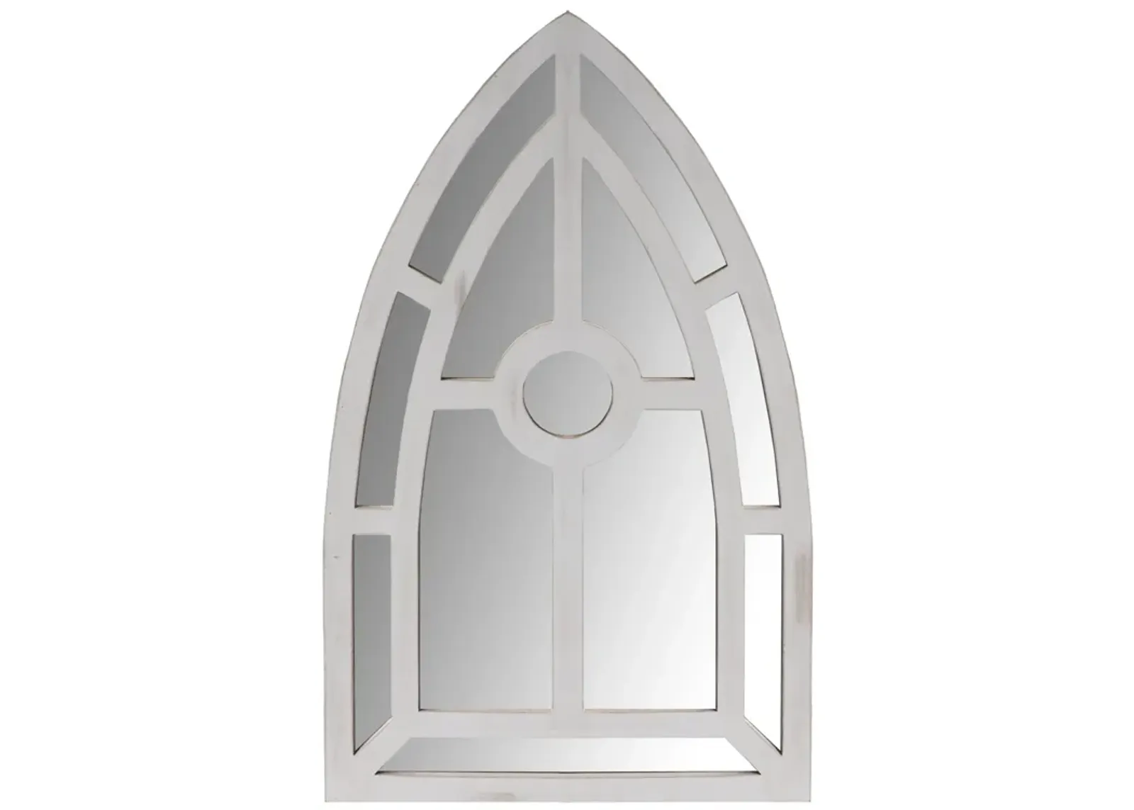 Arched Window Pane Wooden Wall Mirror with Trimmed Details, Silver-Benzara