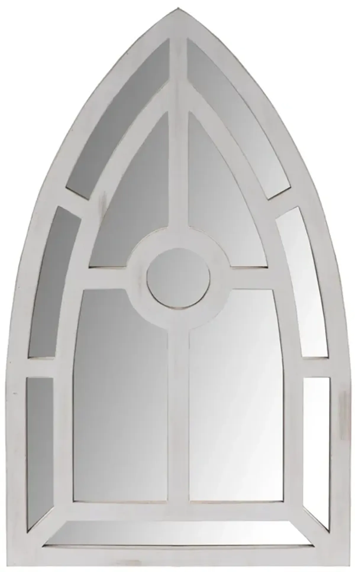 Arched Window Pane Wooden Wall Mirror with Trimmed Details, Silver-Benzara