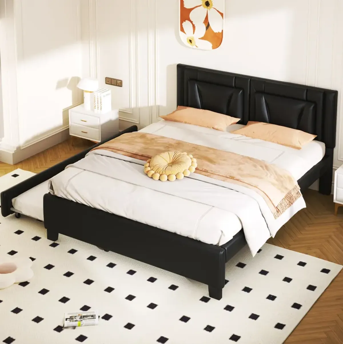 Merax PU Upholstered Platform Bed with Trundle