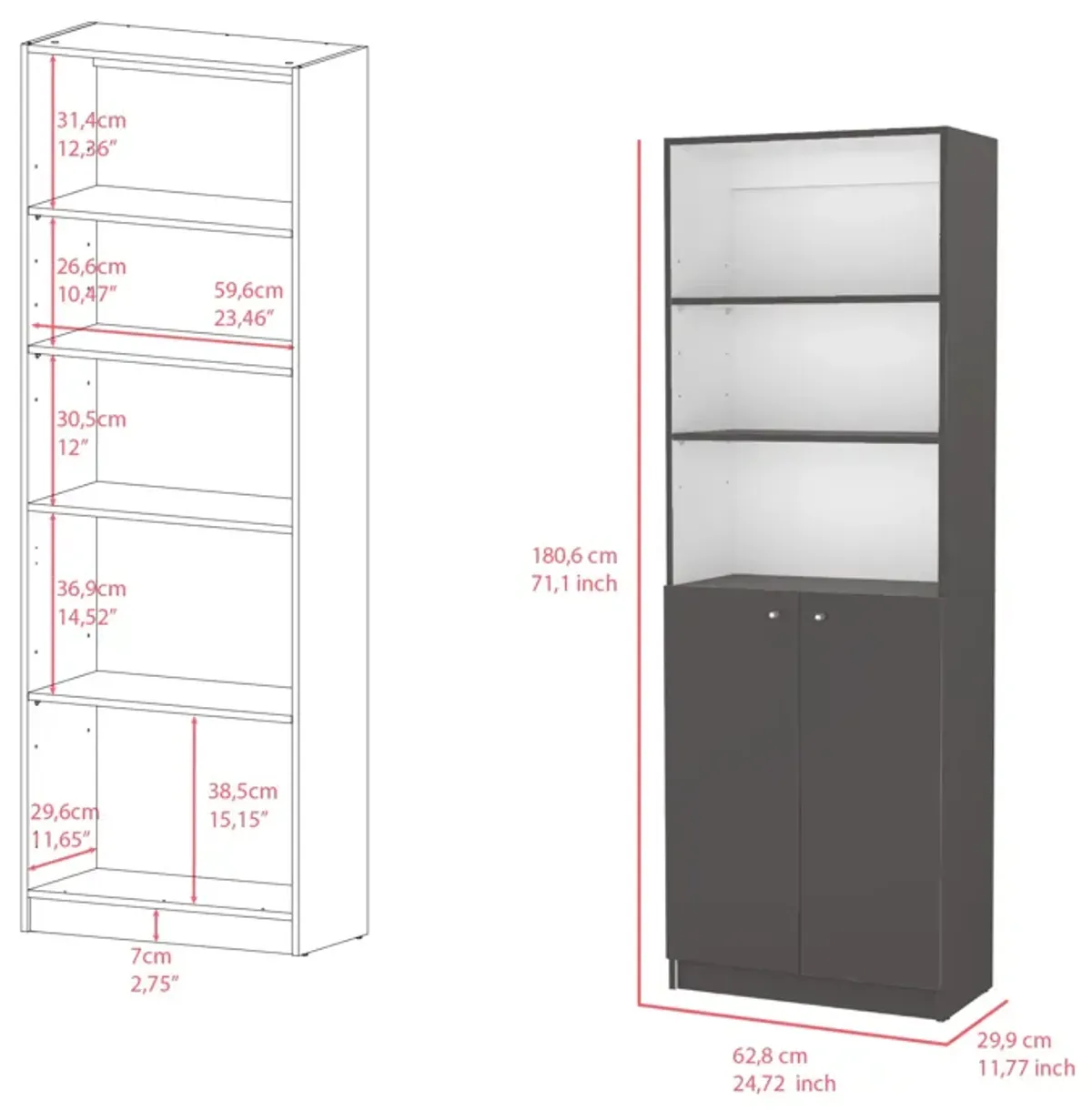 Bookcase Dual-Door Benzoni, Office, Matt Gray / White