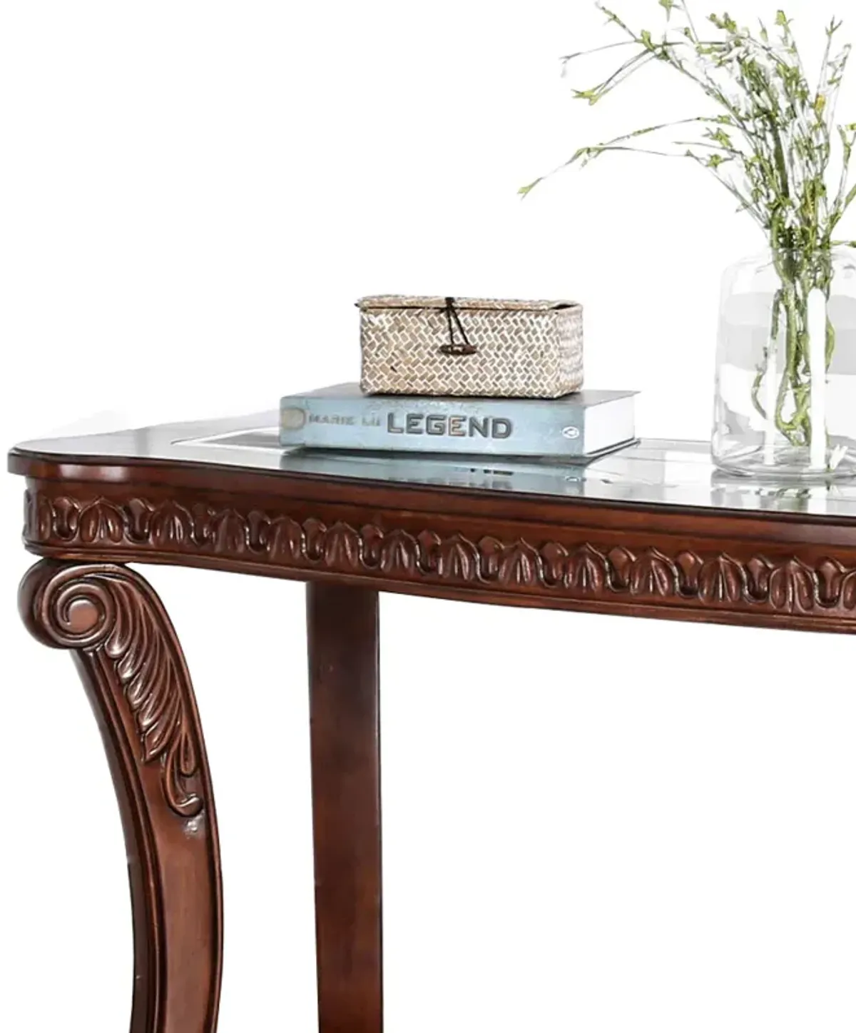 Traditional Sofa Table with Cabriole Legs and Wooden Carving, Brown - Benzara