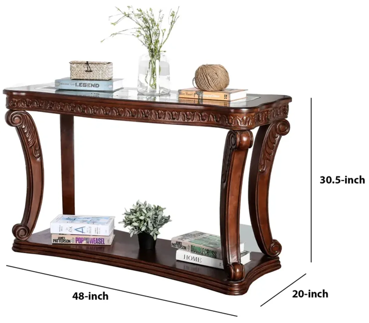 Traditional Sofa Table with Cabriole Legs and Wooden Carving, Brown - Benzara