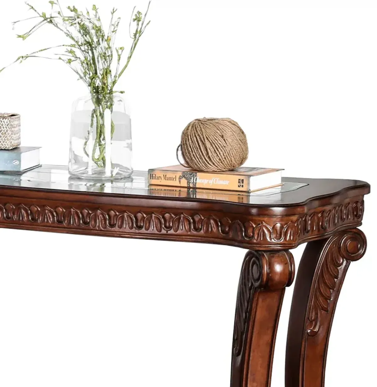 Traditional Sofa Table with Cabriole Legs and Wooden Carving, Brown - Benzara