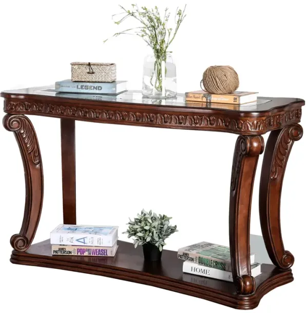 Traditional Sofa Table with Cabriole Legs and Wooden Carving, Brown - Benzara