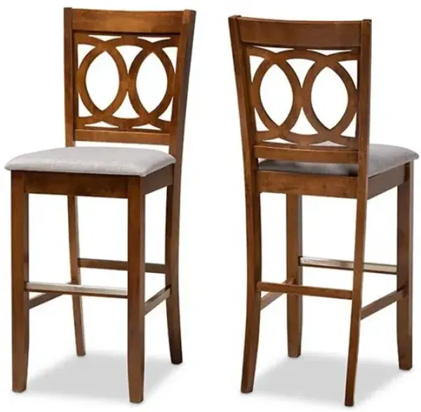Grey Fabric Upholstered and Walnut Brown Finished Wood 2-Piece Bar Stool Set
