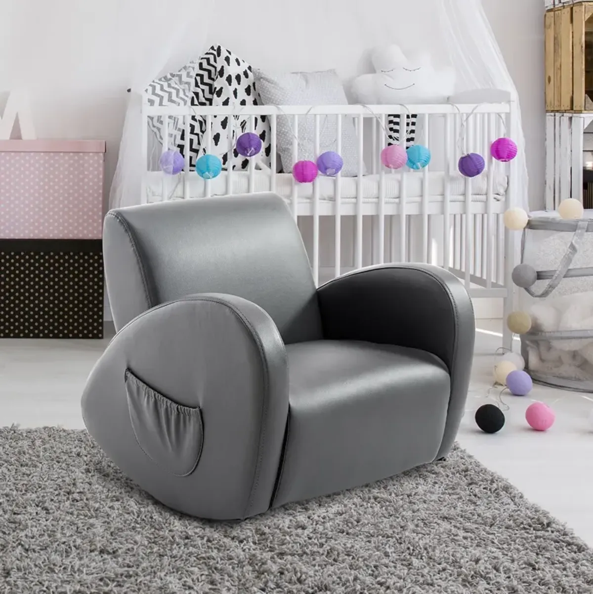 Comfy Kids' Rocker: Grey PU Leather Toddler Chair with Pocket