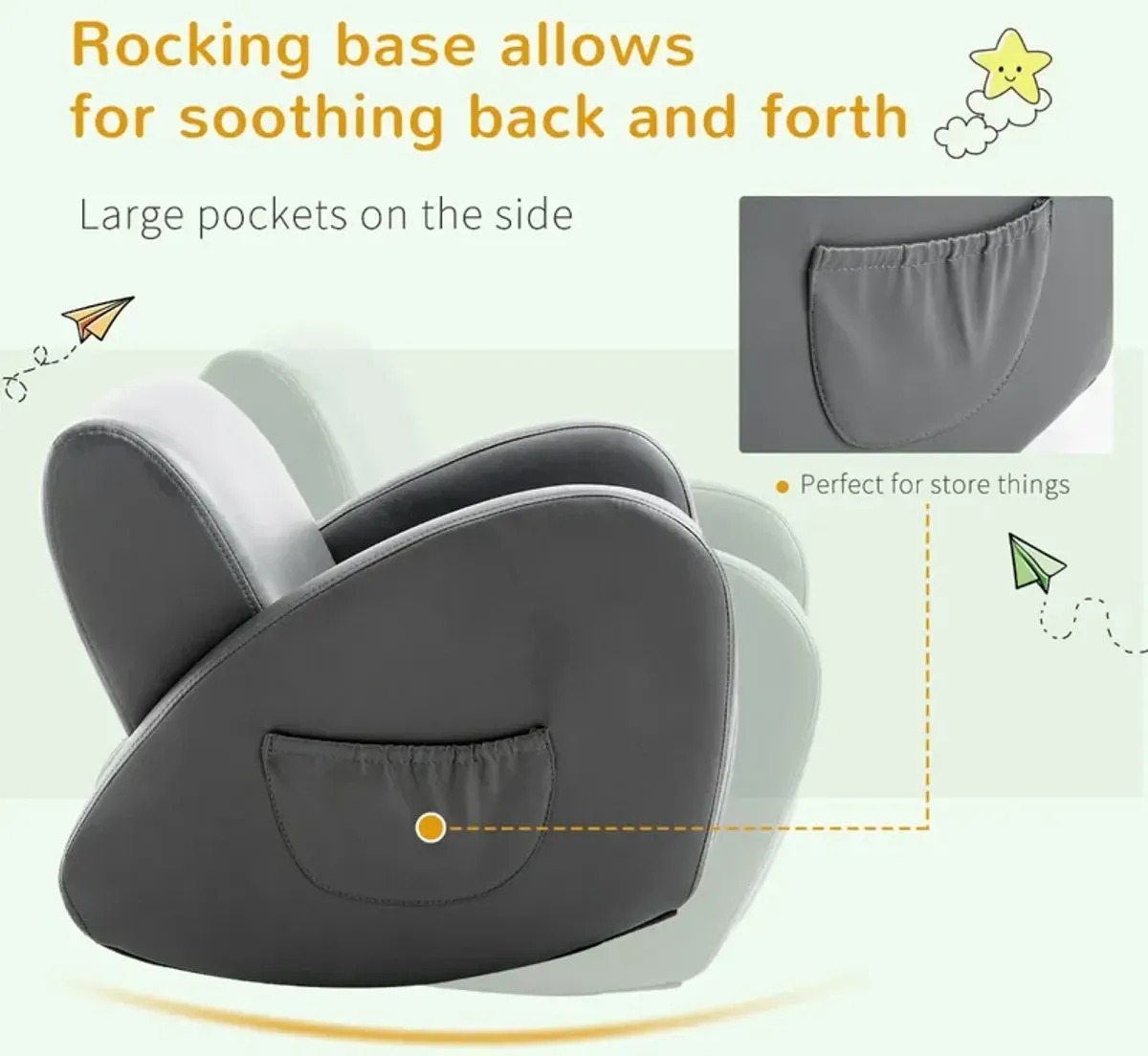 Comfy Kids' Rocker: Grey PU Leather Toddler Chair with Pocket