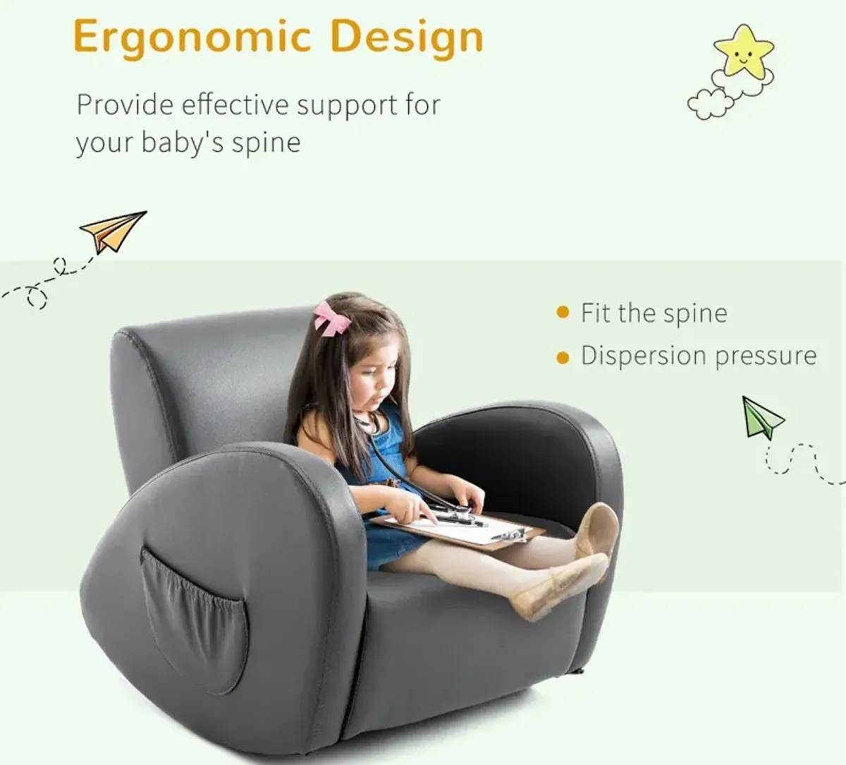 Comfy Kids' Rocker: Grey PU Leather Toddler Chair with Pocket