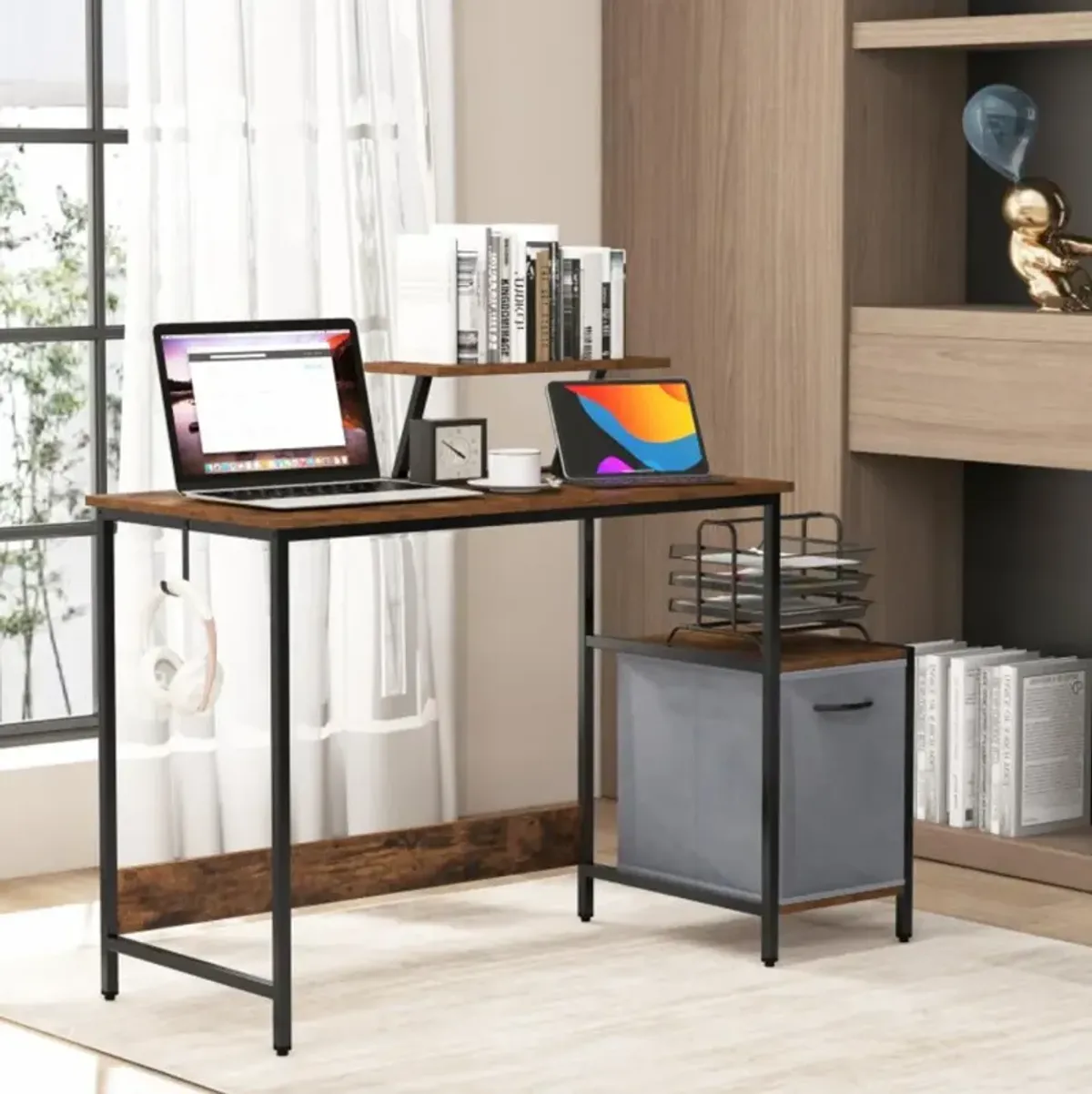 Hivvago Computer Desk with Reversible Storage Drawer and Moveable Shelf-Brown