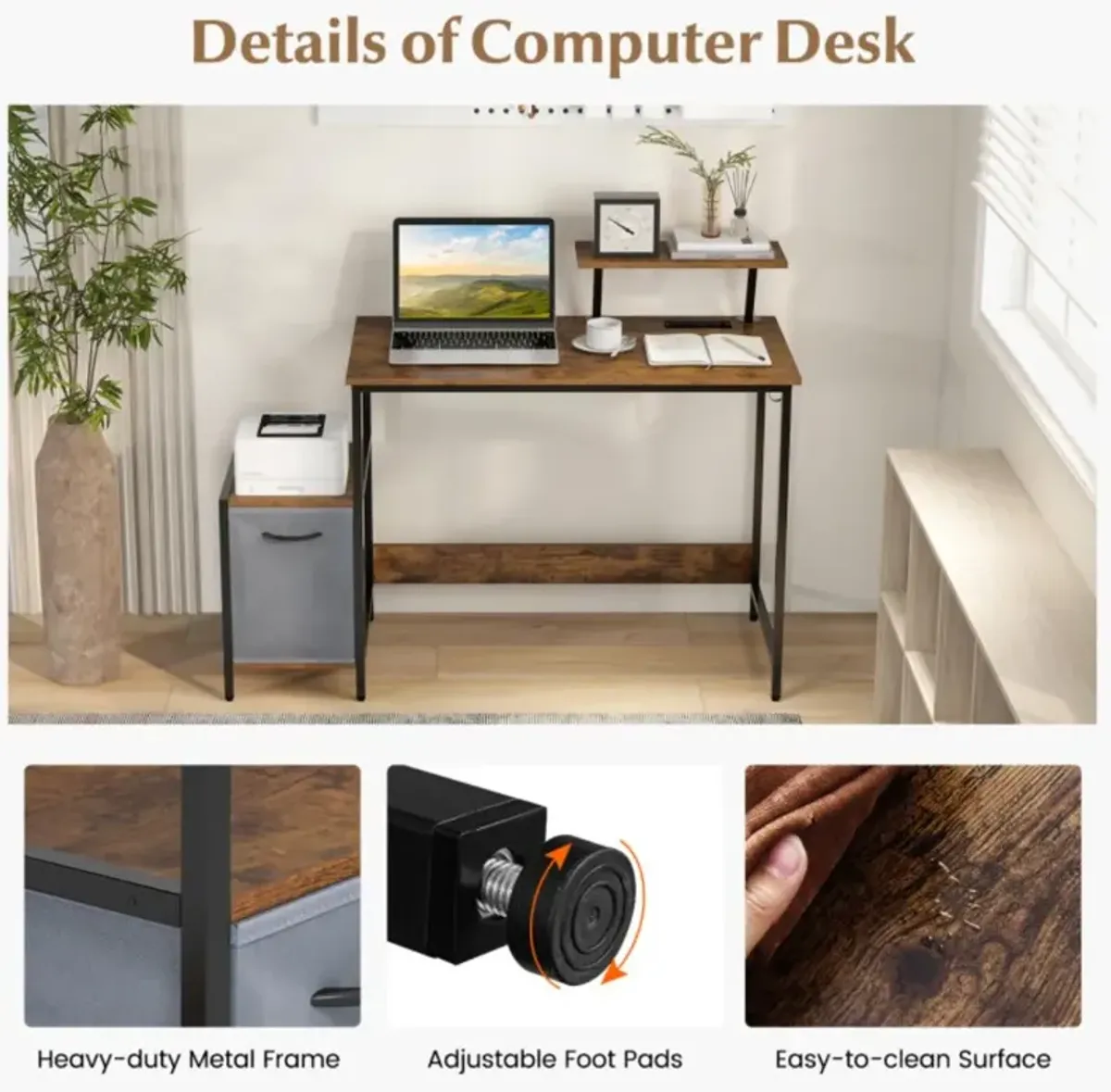 Hivvago Computer Desk with Reversible Storage Drawer and Moveable Shelf-Brown